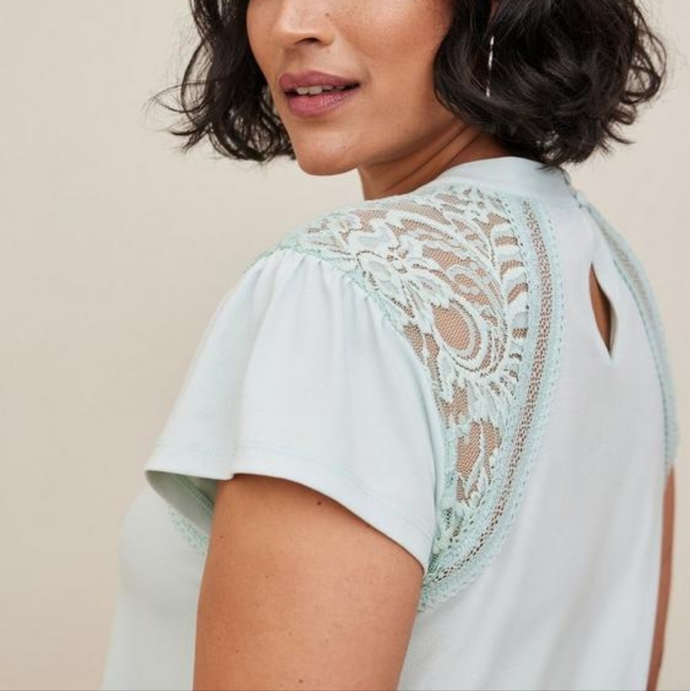 Torrid plus lace shoulders mock neck jersey knit top, 5X, mint blue/ aqua - Picture 3 of 13